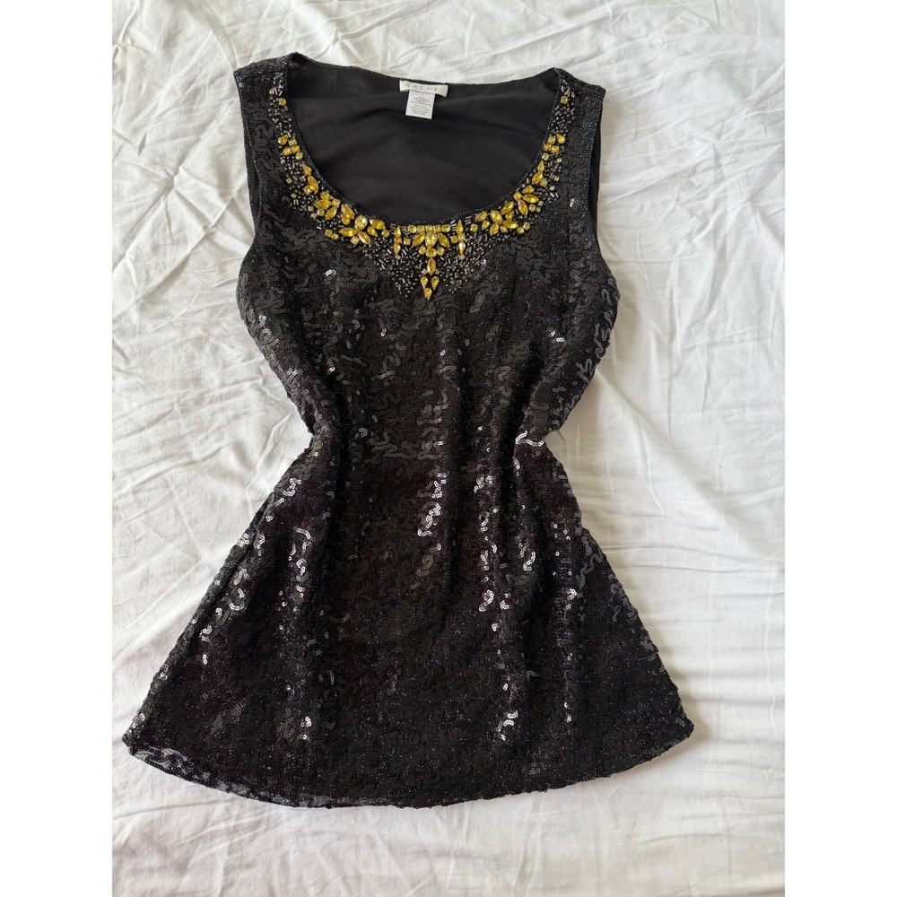 Vintage Y2K 2000s Cache Sequin Top Small Black Gemstone Embellished Neckline - Picture 5 of 8
